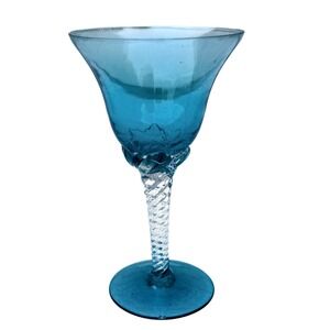 Vintage Turquoise Blue Hand Blown Glass Wine Goblet Clear Air Twist Stem